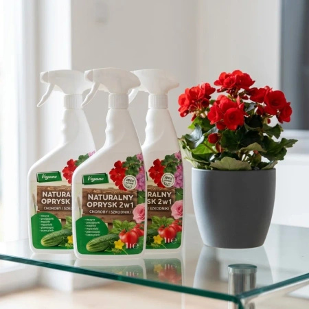 Naturalny oprysk na szkodniki i choroby roślin – środek 2w1 na mszyce, przędziorki, mącznika i szarą pleśń – Vegano 3 x 1 l