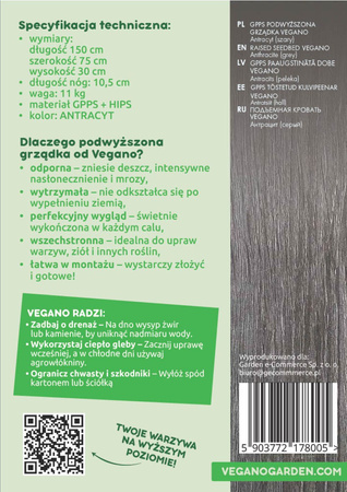 Warzywniak – podwyższana grządka – szary GPPS 150 x 75 x 30 cm Vegano