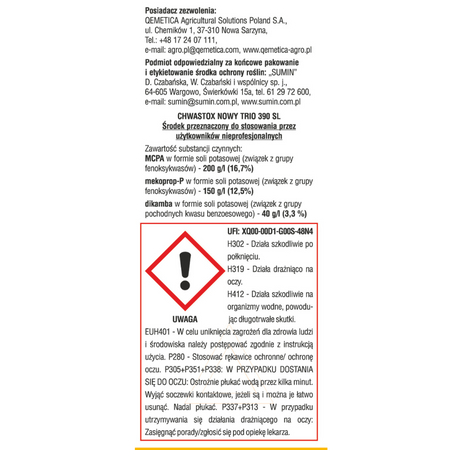 Chwastox Nowy Trio 390 SL zwalcza chwasty – 20 ml Sumin