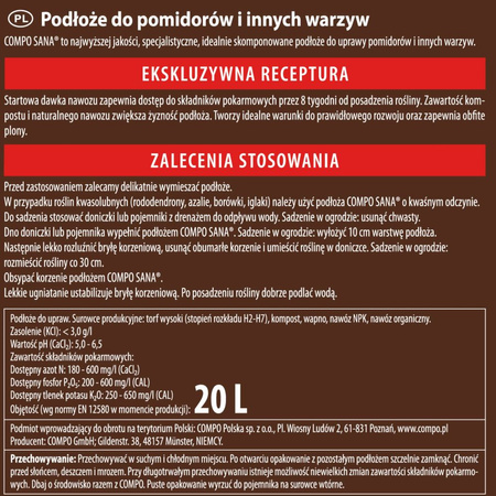 Podłoże do pomidorów i warzyw – ziemia z nawozem NPK – 20 l Compo