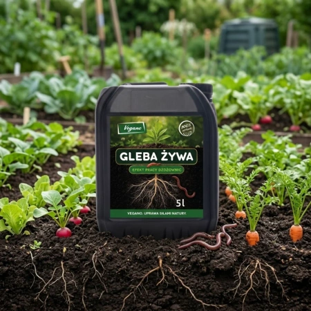 Gleba Żywa (efekt pracy dżdżownic) wermikompost w płynie do warzyw, owoców, trawnika i roślin ozdobnych – 5 l Vegano