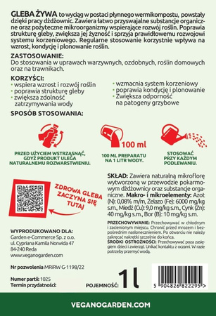 Gleba Żywa (efekt pracy dżdżownic) wermikompost w płynie do warzyw, owoców, trawnika i roślin ozdobnych – 1 l Vegano