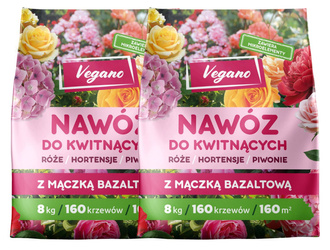 Nawóz do roślin kwitnących w granulkach z mączką bazaltową – do róż, piwonii, hortensji, magnolii i innych – 2x8 kg (ZESTAW) Vegano