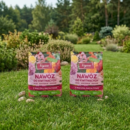 Nawóz do roślin kwitnących w granulkach z mączką bazaltową – do róż, piwonii, hortensji, magnolii i innych – 2x8 kg (ZESTAW) Vegano
