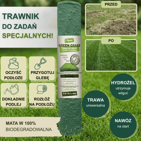 GreenGrass trawa na macie (rolka) z nawozem i hydrożelem 0,5 x 8 m (4 m²) Vegano