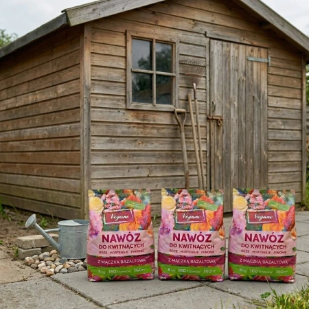 Nawóz do roślin kwitnących w granulkach z mączką bazaltową – do róż, piwonii, hortensji, magnolii i innych – 3x8 kg (ZESTAW) Vegano