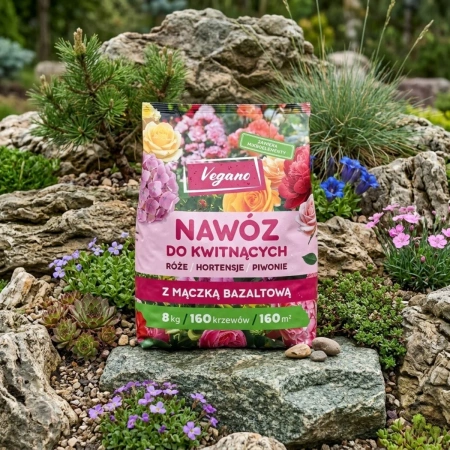 Nawóz do roślin kwitnących w granulkach z mączką bazaltową – do róż, piwonii, hortensji, magnolii i innych – 8 kg Vegano