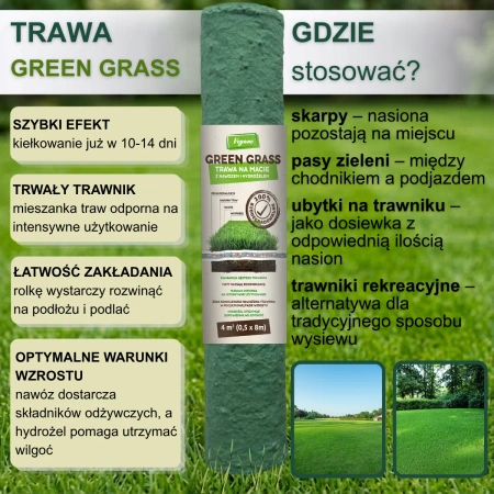 GreenGrass trawa na macie (rolka) z nawozem i hydrożelem 0,5 x 8 m (4 m²) Vegano
