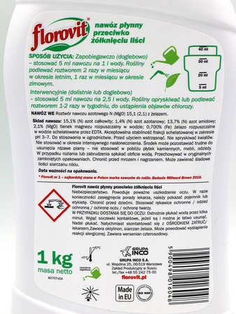 Nawóz Przeciwko Żółknięciu Liści – 1 l Florovit