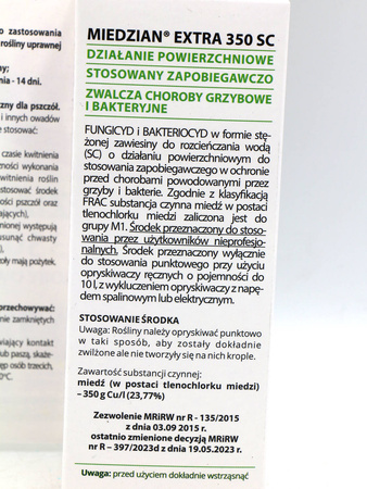  Miedzian Extra 350 SC do jabłoni, gruszy, wiśni i czereśni – parch jabłoni, zaraz ogniowa i rak bakteryjny – 100 ml Target