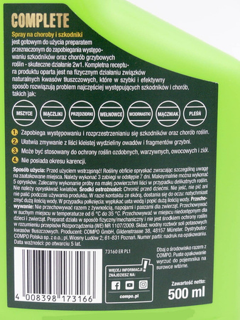 Naturalny Spray 2w1 na choroby i szkodniki – mszyce, mączliki, przędziorki, wełnowce, mączniak i pleśń – 500 ml Compo