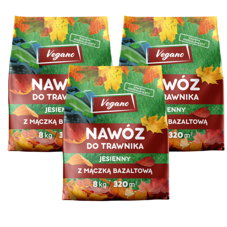 Jesienny nawóz do trawnika z mączką bazaltową – 24 kg (3x8 kg) Vegano