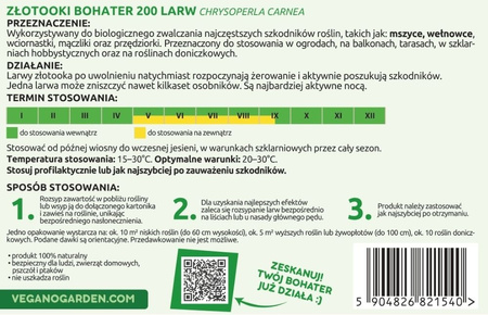 Złotooki bohater Vegano – 200 larw na mszyce, wciornastki, mączliki i wełnowce – 10 m² ochrony