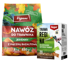 Jesienny nawóz do trawnika Vegano 8 kg + trawa regeneracyjna Regina 0,5 kg Target (ZESTAW)