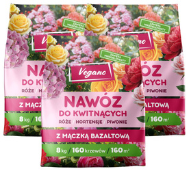 Nawóz do roślin kwitnących w granulkach z mączką bazaltową – do róż, piwonii, hortensji, magnolii i innych – 3x8 kg (ZESTAW) Vegano