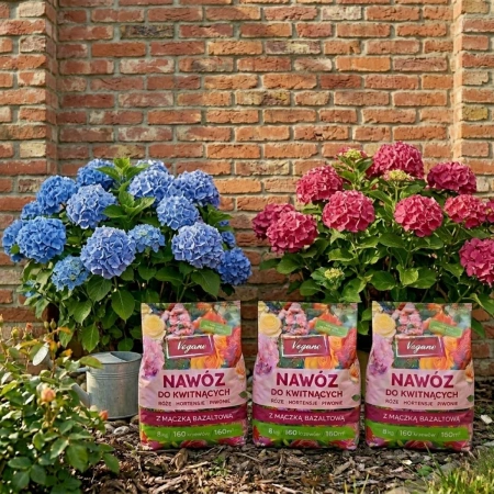 Nawóz do roślin kwitnących w granulkach z mączką bazaltową – do róż, piwonii, hortensji, magnolii i innych – 3x8 kg (ZESTAW) Vegano