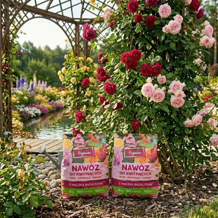 Nawóz do roślin kwitnących w granulkach z mączką bazaltową – do róż, piwonii, hortensji, magnolii i innych – 2x8 kg (ZESTAW) Vegano