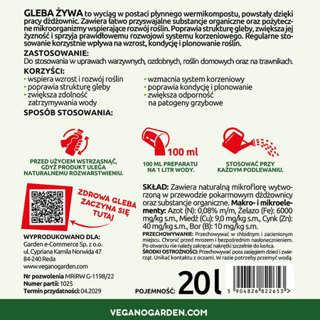 Gleba Żywa (efekt pracy dżdżownic) wermikompost w płynie do warzyw, owoców, trawnika i roślin ozdobnych – 20 l Vegano