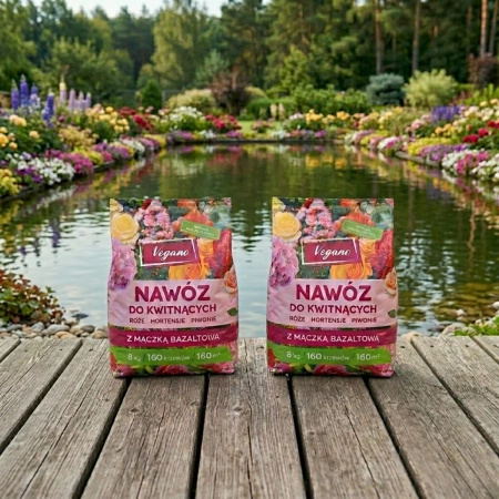 Nawóz do roślin kwitnących w granulkach z mączką bazaltową – do róż, piwonii, hortensji, magnolii i innych – 2x8 kg (ZESTAW) Vegano