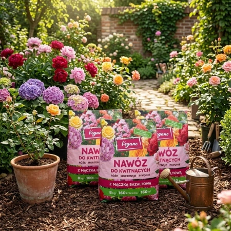 Nawóz do roślin kwitnących w granulkach z mączką bazaltową – do róż, piwonii, hortensji, magnolii i innych – 3x8 kg (ZESTAW) Vegano