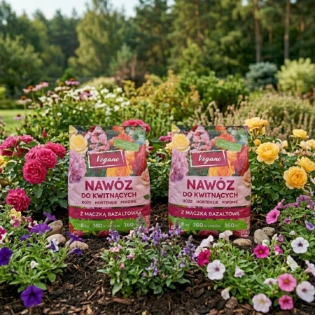 Nawóz do roślin kwitnących w granulkach z mączką bazaltową – do róż, piwonii, hortensji, magnolii i innych – 2x8 kg (ZESTAW) Vegano