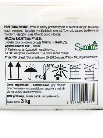 Mączka bazaltowa – nawóz mineralny w wiaderku – na szkodniki roślin –  3 kg Sumin