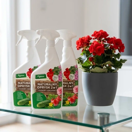 Naturalny oprysk na szkodniki i choroby roślin – środek 2w1 na mszyce, przędziorki, mącznika i szarą pleśń – Vegano 3 x 1 l