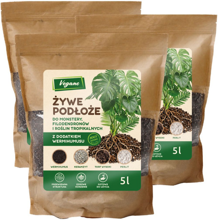 Żywe podłoże do monstery, filodendronów i roślin tropikalnych z dodatkiem Wermihumusu Vegano - 15 l (3 x 5 l)