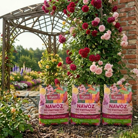 Nawóz do roślin kwitnących w granulkach z mączką bazaltową – do róż, piwonii, hortensji, magnolii i innych – 3x8 kg (ZESTAW) Vegano