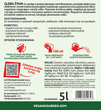 Gleba Żywa (efekt pracy dżdżownic) wermikompost w płynie do warzyw, owoców, trawnika i roślin ozdobnych – 5 l Vegano