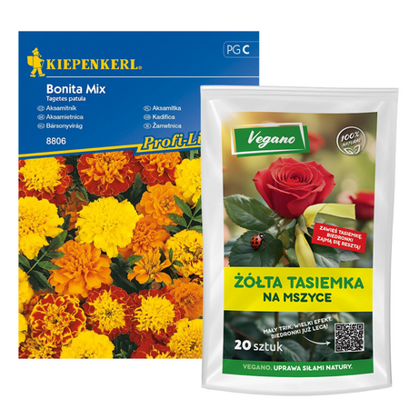Zestaw Żółte tasiemki na mszyce Vegano 20 szt + nasiona Aksamitka Bonita Mieszanka 8806