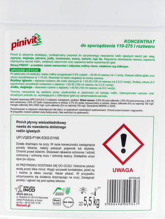 Nawóz dolistny do iglaków w płynie – do tui, jałowców, jodeł, modrzewi, świerków, sosen – 5 l Pinivit