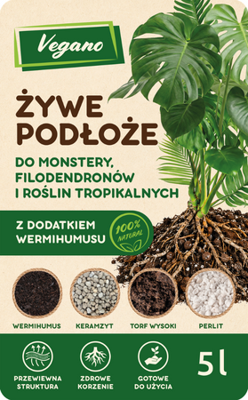 Żywe podłoże do monstery, filodendronów i roślin tropikalnych z dodatkiem Wermihumusu Vegano - 15 l (3 x 5 l)