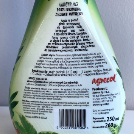Nawóz w Piance Do Roślin Domowych Zielonych i Kwitnących – 250 ml Agrecol