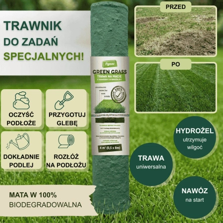 GreenGrass trawa na macie (rolka) z nawozem i hydrożelem 3 x 0,5 x 8 m (12 m²) Vegano