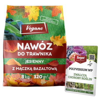 Jesienny nawóz do trawnika Vegano 8 kg + Polyversum WP Target 5 g (ZESTAW)