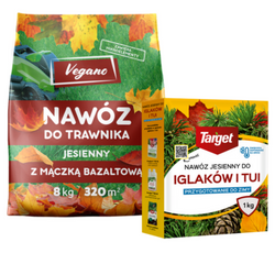 Jesienny nawóz do trawnika Vegano 8 kg + nawóz do iglaków i tui 1 kg Target (ZESTAW)