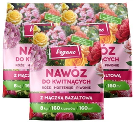 Nawóz do roślin kwitnących w granulkach z mączką bazaltową – do róż, piwonii, hortensji, magnolii i innych – 3x8 kg (ZESTAW) Vegano